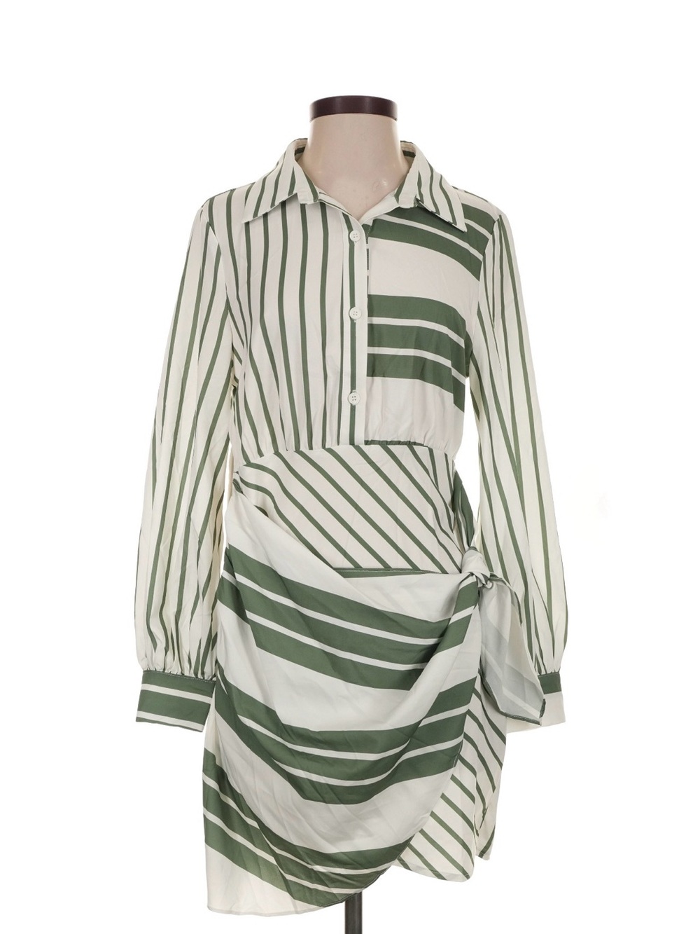 Striped Green and White Long-Sleeve Wrap Shirt Dress